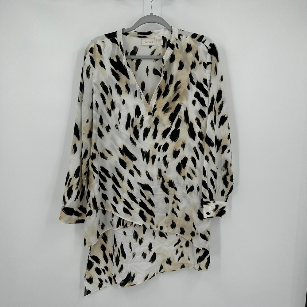 Chicos Women Animal Print Asymmetrical Layered Hem Tunic Top Size 2 US L Office